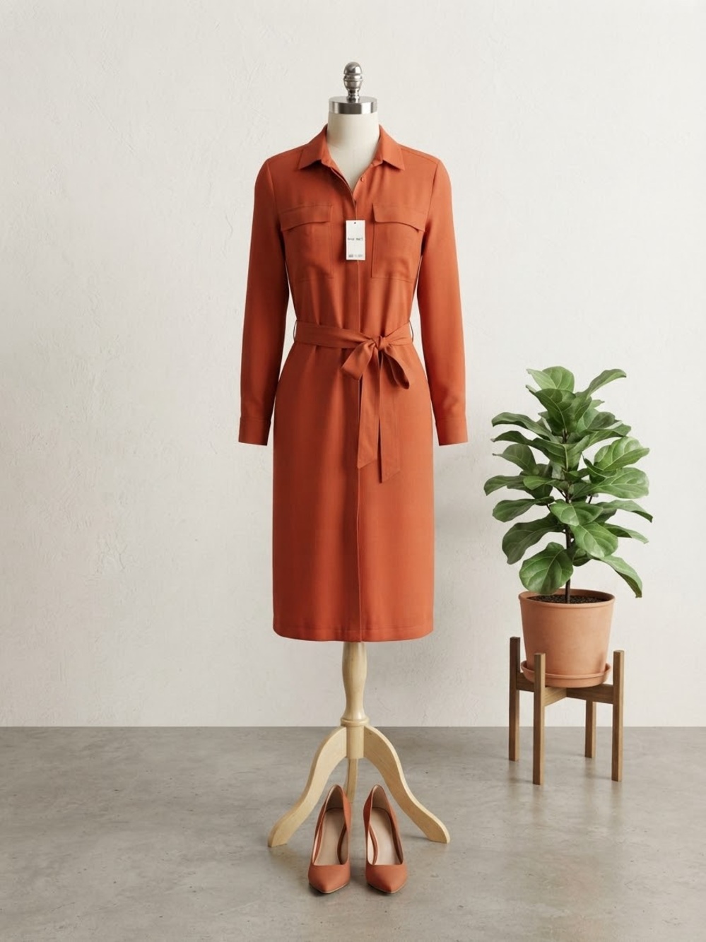 Nine West Rust Long-Sleeve Shirt Dress with Tie Waist